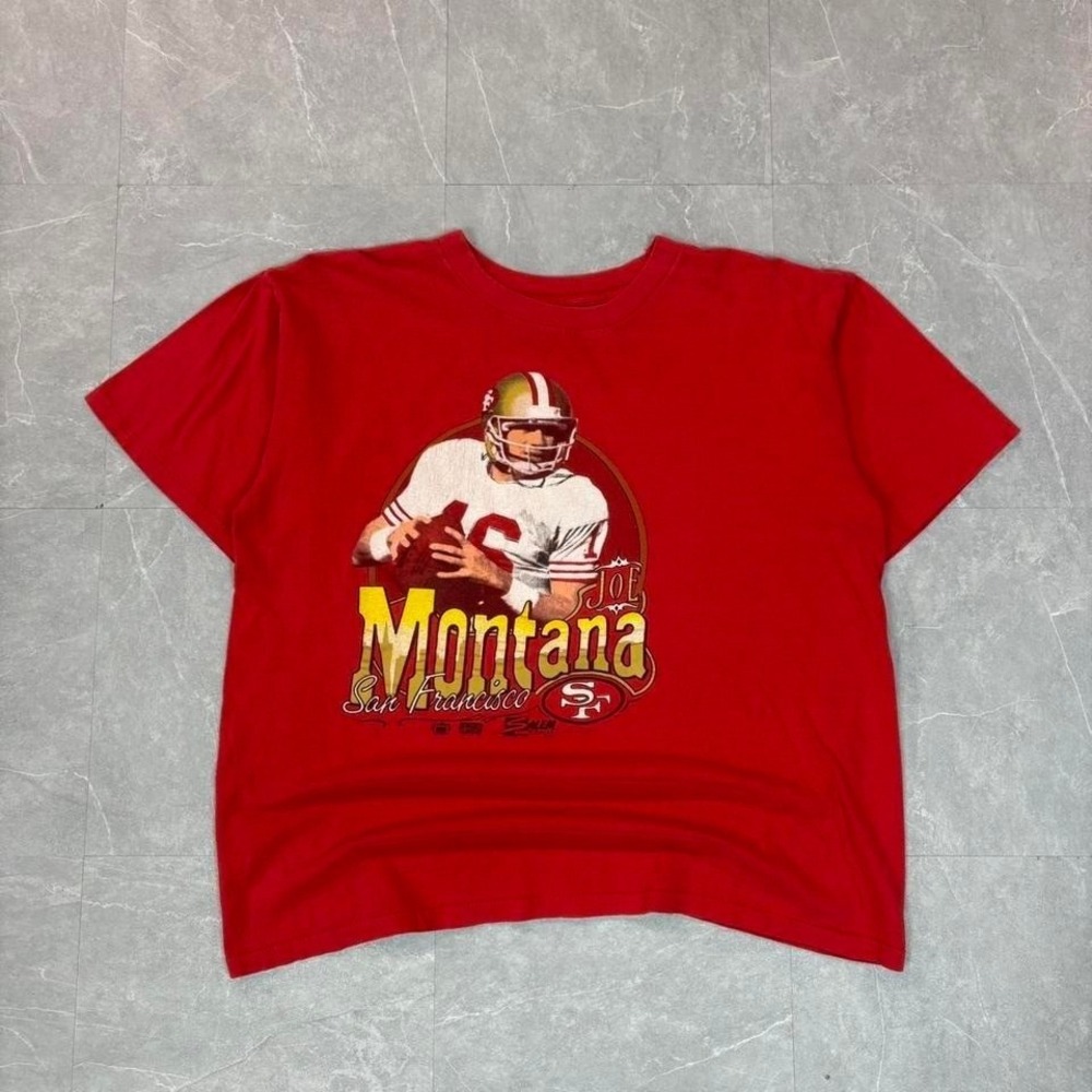 90's Joe Montana San Francisco 49ers red and yellow tee #NFL football